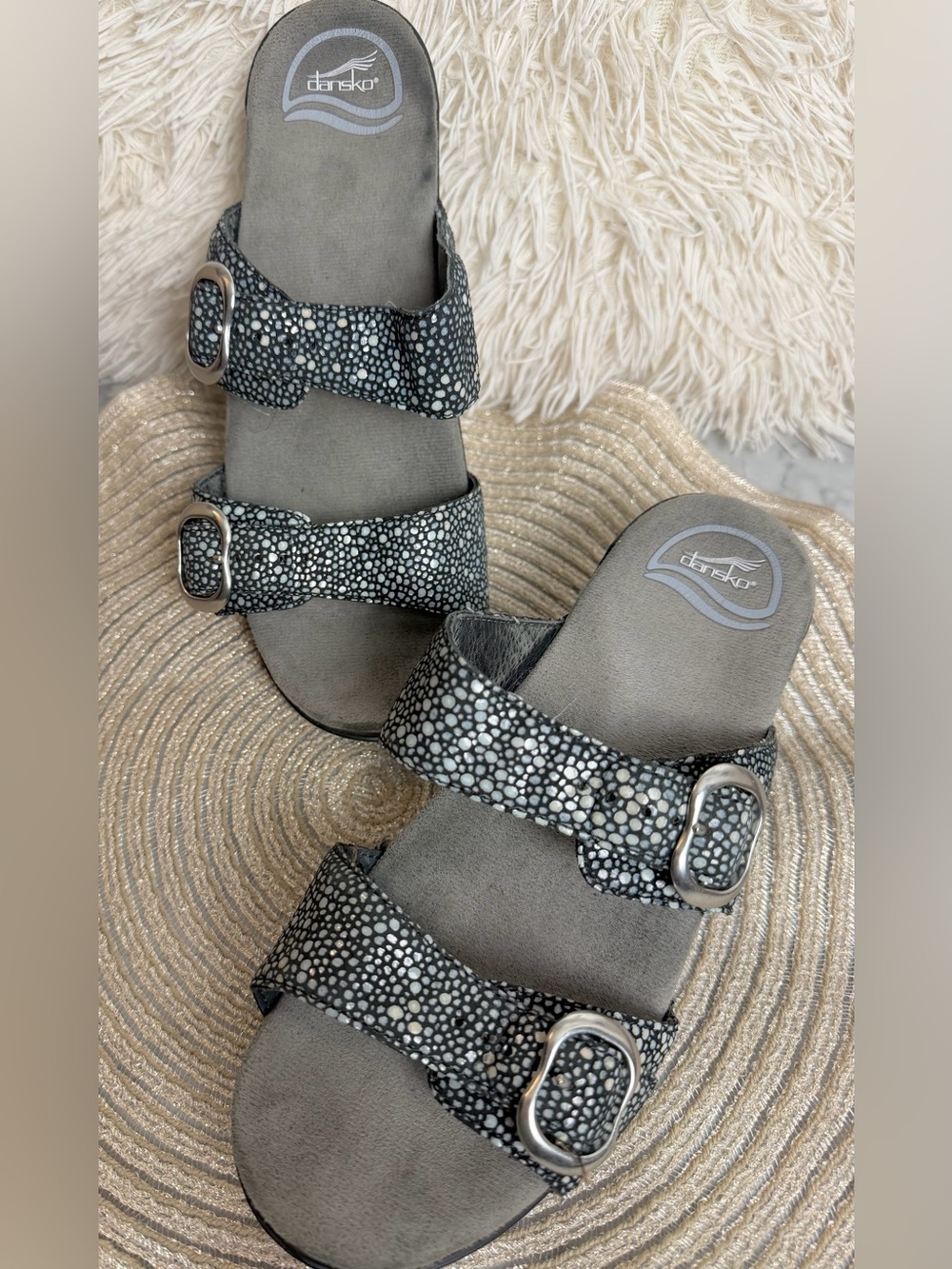 Dansko Leather Pebbled Print Slide Sandals Black White Platform Comfort Size 38